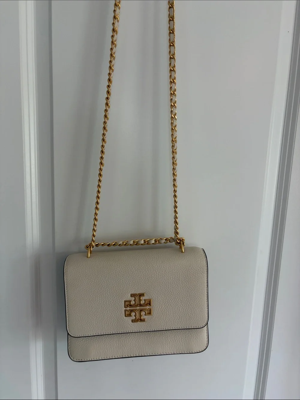 Tory Burch Cream Pebbled Leather Crossbody with Gold Chain